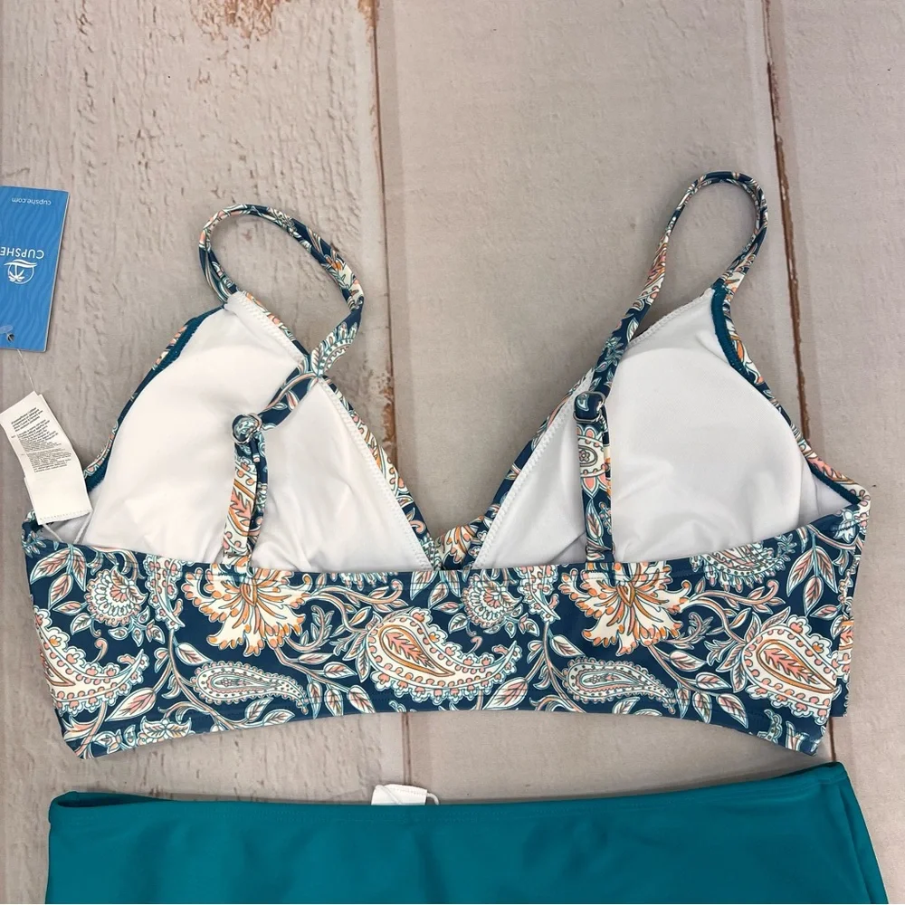 NWT High Waist Adjustable Strap Turquoise &‎ Orange Paisley Bikini SIZE LARGE